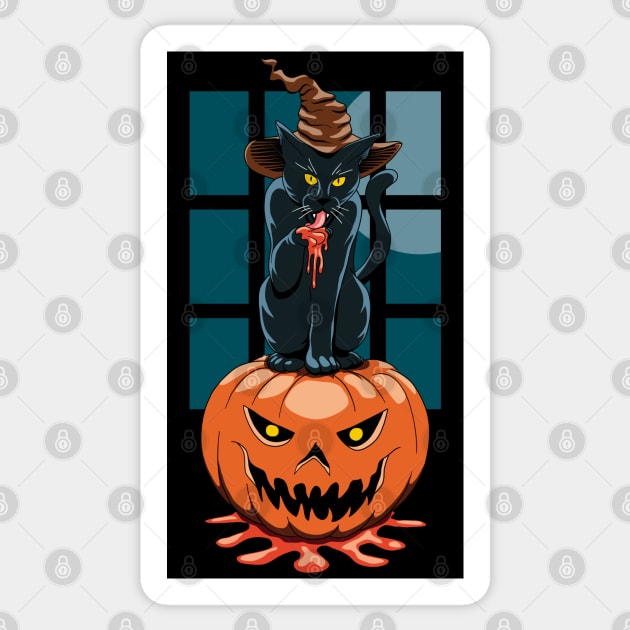 Halloween black cat witch on a pumpkin Sticker by TMBTM